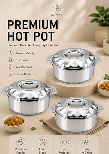 Image of Premium Stainless Steel Hot Pot Set of 3 with Lid Handle | Insulated Casserole Set for Roti, Rice, Curry & Biryani | 1L + 1.5L + 2.5L