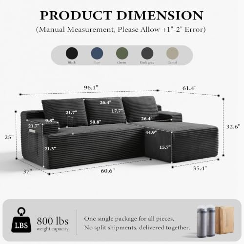 Image of 96 inch Sectional Couches for Living Room Cloud Couch Sofa with L-Shape Upholstered Boneless Couchs Modern Modular Sectional Couch with Chaise