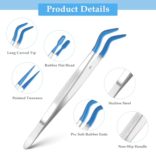 JIYIN 3-Teiliges Pinzetten Set mit Gummispitzen, Edelstahl Pinzette Spitz Flach Gebogener Gespitzte Pinzette Bastelpinzette für Wimpern Schmuck Elektronik Handwerk