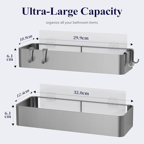 Kitsure 2 Pack Rustproof Shower Caddy - 2 Shelves, Drill-Free & Quick-Dry Shower Organizer, Rustproof Bathroom Shelves with 4 Hooks, Large, Sliver