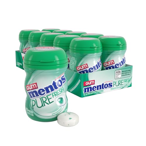 Mentos Pure Fresh Sugar‑Free Chewing Gum with Xylitol, Spearmint, Mini Nano Bottles, Miniature Pack Size, 10 Pieces (Pack of 10)
