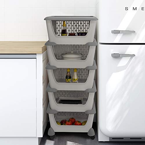 Ucake Plastic 5 Tiers Stacking Basket, Stackable Organizer Shelves Basket With Wheels, Gray #TOP4