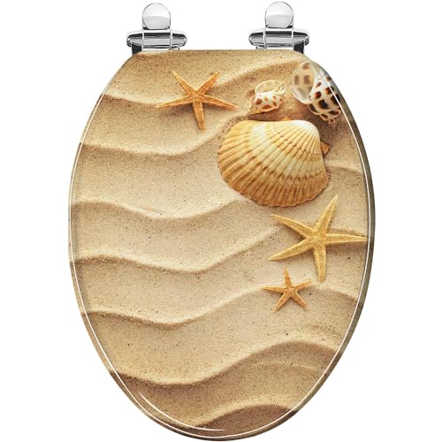 Elongated Toilet Seat Shells sand Resin Toilet Seat with Quietly Close Quick Release Hinges Decorative Toilet Seat with Cover Easy to Clean and Install Beach Theme Decor Nautical Decor