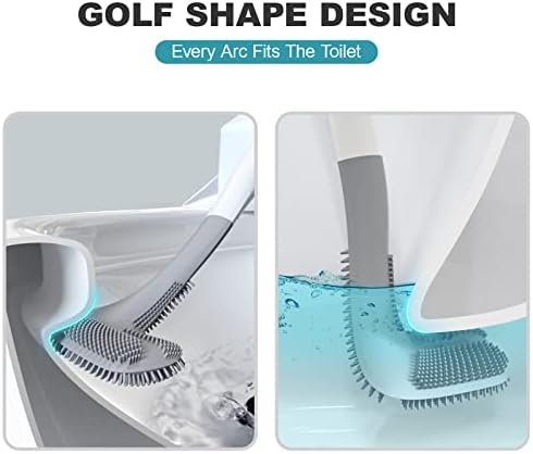 COPIC Silicone Toilet Brush and Holder Set 2 Pack Bathroom Deep Cleaner Long Handle Loo Brush Anti-Drip Quick Drying Holder Set for Bathroom Toilet, Flat Head & Golf Head Set, White