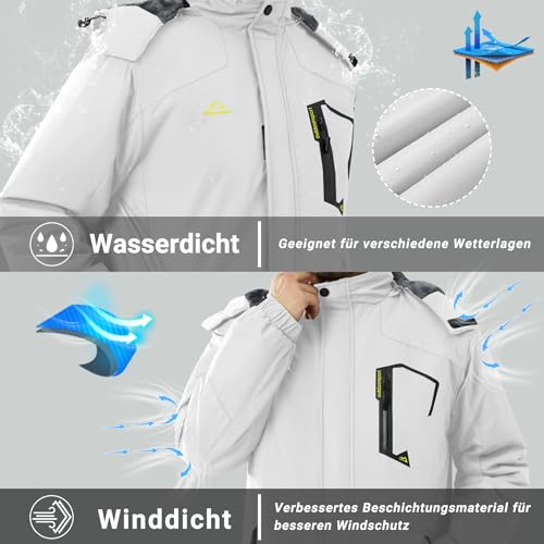 KEFITEVD Chaqueta Esquí Impermeable Cálida para Hombres Chaquetas Térmicas Lana Deportes Invierno Abrigo con Capucha,Blanco,3XL - imagen 2