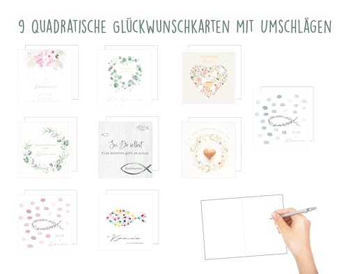 Edition Seidel Set 9 Premium quadratische Karten zur Kommunion mit Umschlägen. Glückwunschkarten Kommunionskarten Doppelkarten Klappkarten Kartenset Karte Spruch Kinder Jugendliche (SW026)