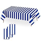 OQOQ Navy Blue and White Striped Tablecloth(3 Pack) - 54x108 Inches Father's Day Party Decoration Supplies Disposable Plastic Rectangular Table Cloth for Birthday Ocean Nautical Theme Party Picnic