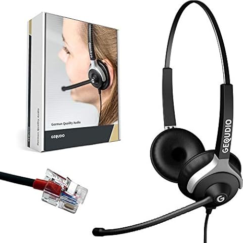 GEQUDIO Headset Compatible with Yealink, Snom, Avaya, Grandstream Telephone - Includes RJ Cable - Headphones & Microphone with Replacement Padding - Especially Light 80 g (2-Ear) Cover