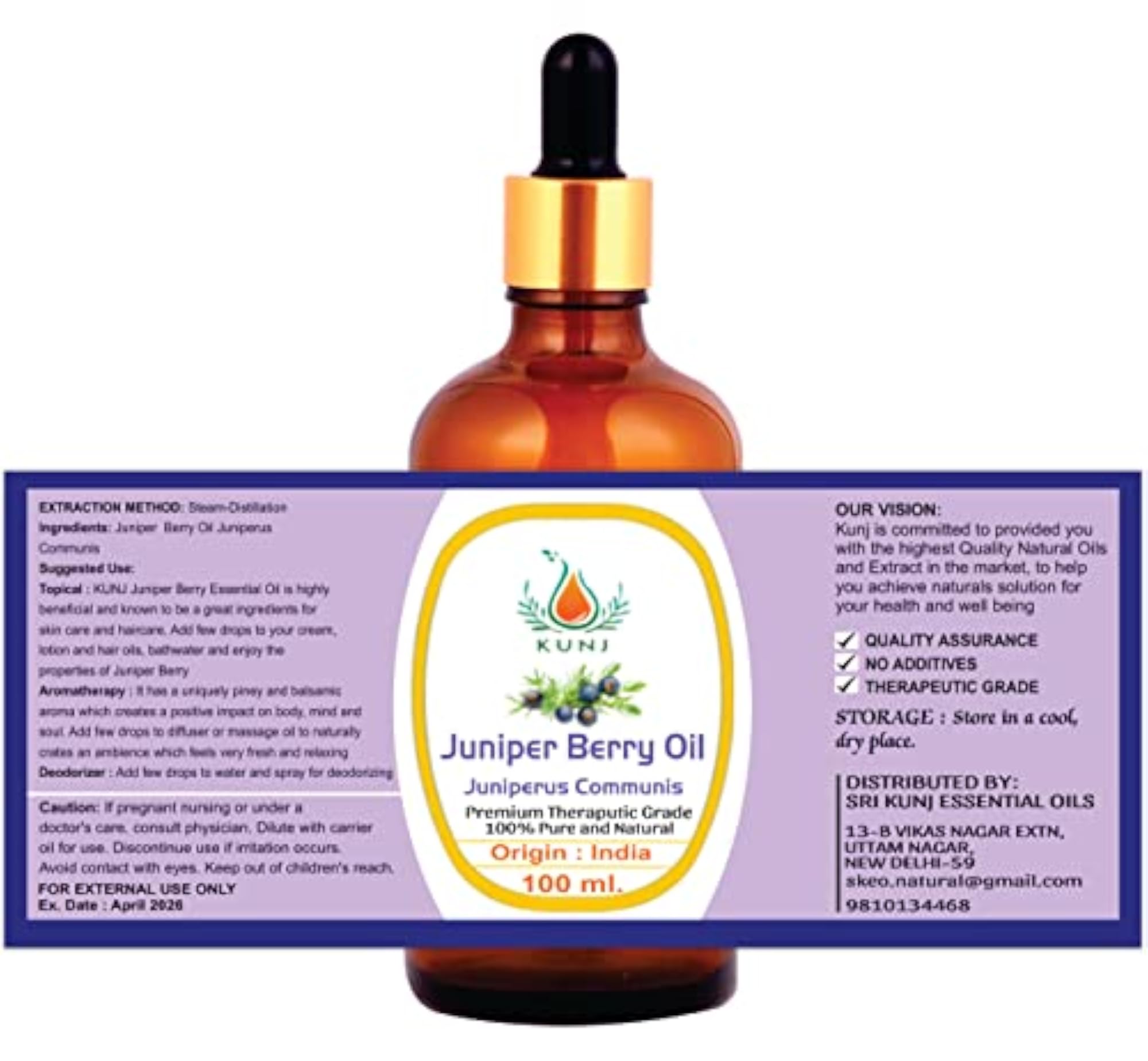 KUNJ Juniper Berry Essential Oil, 100% Pure & Natural