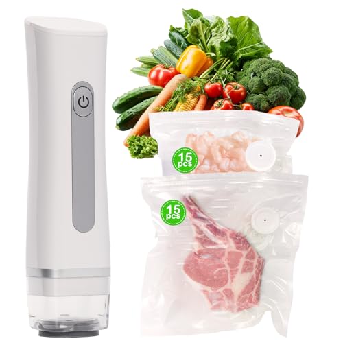 Compact Vacuum Sealer Machine, Protable Vacuum Food Sealer with 30 Reusable Vacuum Bags (Small Size*15, Medium Size*15), Handheld Vacuum Sealer Auto-Stop for Preserving Food, Vegetables, Fruits, Meat