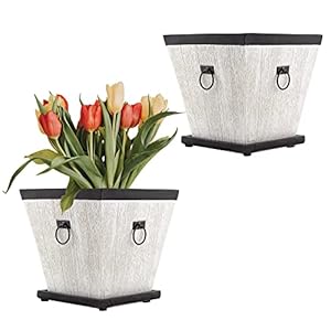 Farmhouse resin planters with saucers 2 pack retro tudor style white with black trim 15 quart square planters and trays  urban country home decor