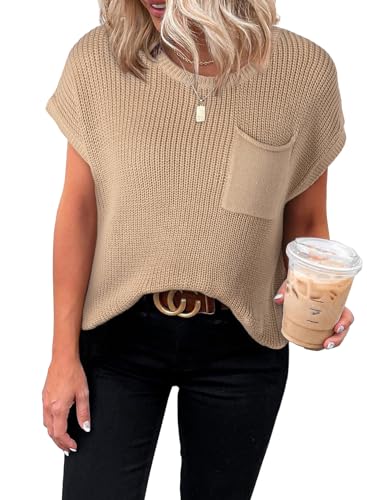 Dokotoo Womens Summer Tops Ladies Fashion Spring Scoop Neck Short Sleeve Tunic Tops and Blouses Solid Color Casual T-Shirts Work Business Loose Tee Shirt Khaki Small