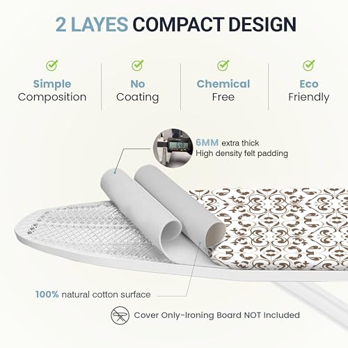 Image of Ironing Board Cover and Pad 15 inchx54 inch Extra Thick Natural Cotton, Scorch and Stain Resistant Padding, Standard Size Iron Board Cover with Fasteners Heavy Duty Elastic Edge, Heatproof Taupe