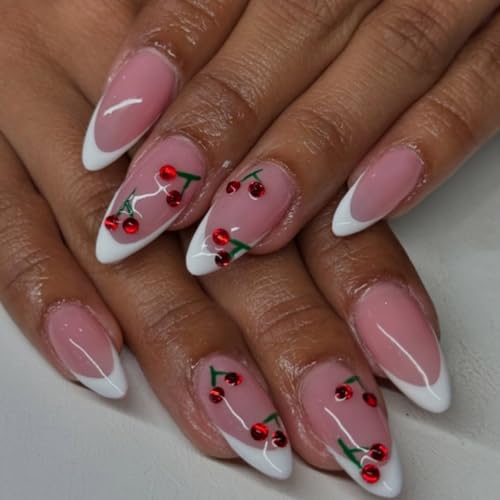 24pcs Prensa En Uñas Estilos Franceses Uñas Falsas Con Diseños De Frutas Artistas Acrílico Brillante Para Mujeres Y Niñas