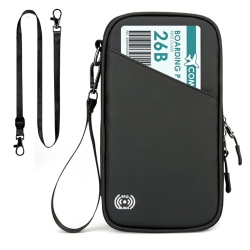 Dulynva Porta-documentos viagem com bloqueio RFID porta-passaporte familiar impermeável porta documentos para viagem cartão de crédito, cartão de identificação, chaves, bilhetes de avião (preto)