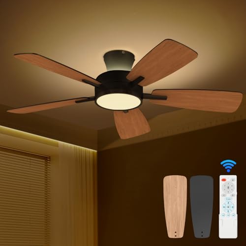 TALOYA Ceiling Fans with Lights and Remote, 46 Inch Low Profile Ceiling Fan with Light, Flush Mount, Reversible, 3CCT, Dimmable Black Modern Ceiling Fan for Bedroom, Living Room, Outdoor Patio - image 1