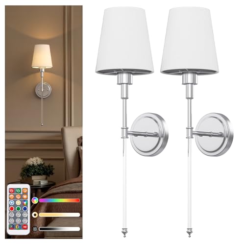 Image of DORESshop Battery Operated Wall Sconce Set of 2, Wall Light Wireless Easy Install, Dimmable and Adjustable Sconce Wall Decor, Rechargeable Wall Lamp for Bedroom, Living Room, Chrome and Glass 24.6in