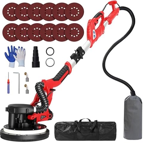 Drywall Sander with Vacuum Dust Collector, IMQUALI® 6.8A 750W Sander Tool with 7 Variable Speed 800-1750RPM, Popcorn Ceiling Removal Tool, Extendable Handle, LED Light,12pcs Sanding Discs, Red, I01R Cover