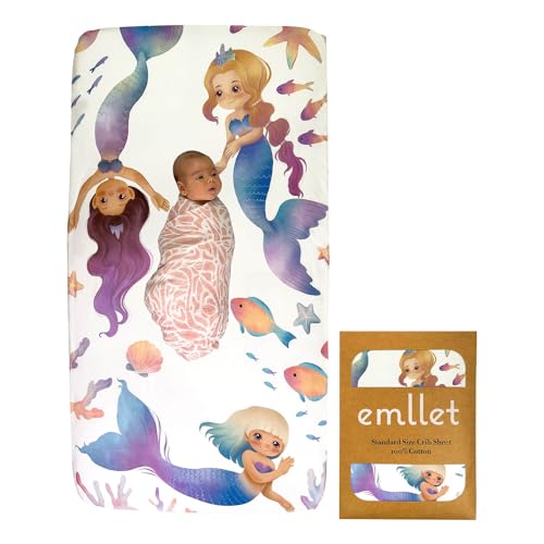Image of EMLLET Crib Sheet – Breathable & Safe Oeko-TEX Certified Cotton Fabric – Ideal for Picture Backgrounds – Fits All Standard Crib Mattresses – Mermaids Theme
