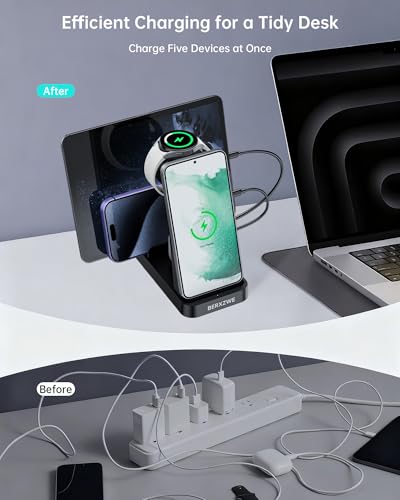 Image of 5 in 1 Wireless Charger for Samsung, Fast Charging Station Dock Stand | Compatible with Galaxy S26 Ultra /S25 /S24, Watch 8 /7 /6 /5 /4, Buds. Charges 5 devices at once. Ideal for home, office, bedside.