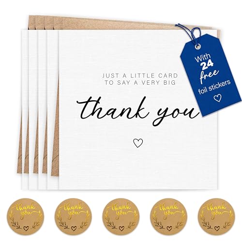 Giftinghouse 24/36 Thank You Cards Pack with Gold Foil Stickers and Kraft Envelopes 11.5 x 11.5 cm Blank Inside Ideal for Teachers Weddings Kids Christmas Made in the UK