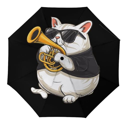 Paraguas de viaje automático y manual con diseño de gato tocando el cuerno francés, paraguas para sol y lluvia para mujeres y hombres, estampado divertido, Estilo:, Automatic