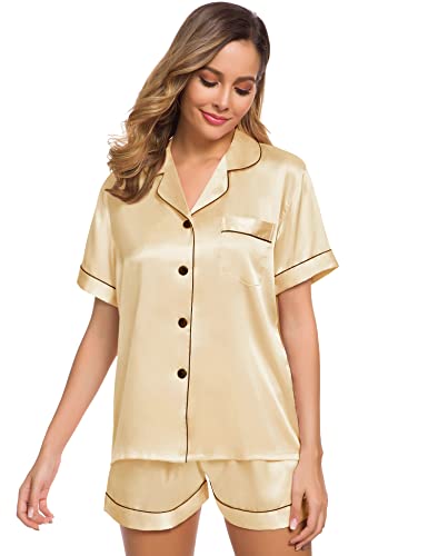 Image of SWOMOG Women Silk Satin Pajamas Set Short Sleeve Button Down Sleepwear Loungewear Pj Sets