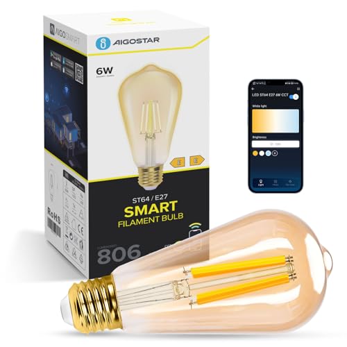 Aigostar Lampadine Alexa E27 WiFi Edison Lampadina Vintage 6W 806ML Lampadine Smart Retrò Dimmerabile 2700K-6500K, Controllo Remoto tramite APP, Compatibile Con Alexa, Google Home, Oro 1 pezzi