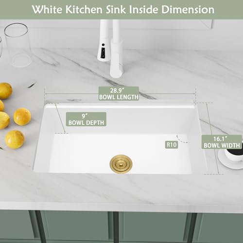Image of White Kitchen Sink 31 inchx 18 inch,White Granite Composite Kitchen Sinks with Ledge & Gold Accessories, 31 Inch Quartz Stone Kithcen Sink，31 inch x 18 inch x 9 inch Large and Deep Single Bowl Workstation Sinks