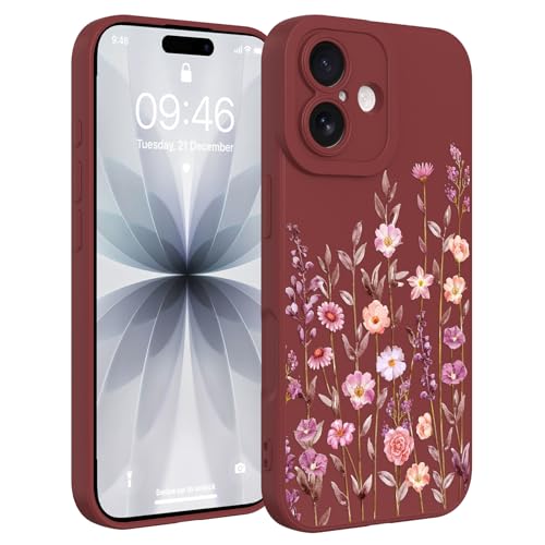 Image of Designed for iPhone 17 Case Flower for Women Girls, Wine Red | Cute Floral Pattern Liquid Silicone Phone Case [Full Camera Protection] Slim Soft TPU Protective Cover