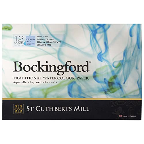 St. Cuthberts Mill Bockingford Watercolor Paper Pad - 10x7-inch White Water Color Paper for Artists - 12 Sheets of 140lb Cold Press Watercolor Paper for Gouache Ink Acrylic Charcoal and More