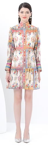 Image of LAI MENG FIVE CATS Women's Floral Print Lantern Sleeve Ruffle Casual Button Belted Thin Loose Fit Mini Dress