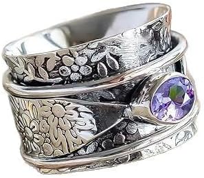 Miniatura 2 de Anillo giratorio para aliviar el estrés, diseño de amatista, diseño de piedras preciosas florales, estilo bohemio, elegante, para mujer