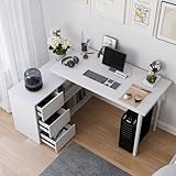 Mekminop L Shape Computer Desk with 3 Drawers and 2 Shelves, Home Office Desk Corner Small Desk with Storage Cabinet for Writing Study Executive – White