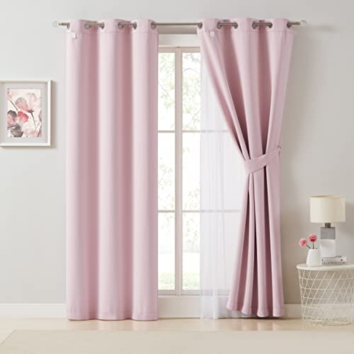 Image of Bujasso Pink Blackout Curtains with Sheer Overlay Mix and Match Double Layer 80% Room Darkening Window Treatment Set for Girls Bedroom Living Room Pink Drapes with Tiebacks Grommet Top 37 inch Wx95 Lx2