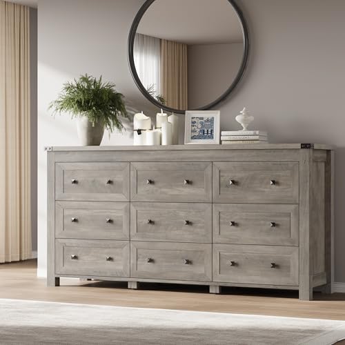 Image of BORNOON 9-Drawer Dresser, Modern Wooden Storage Chest of Drawers, Dresser TV Stand, Wood Drawer Organizer with Metal Handles for Bedroom, Living Room, Hallway