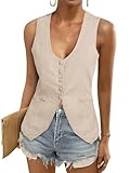 Tankaneo Womens Scoop Neck Blazer Vest Summer Linen Sleeveless Fitted Waistcoat Work Casual Cotton Suit Tops
