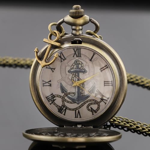 Image of Tiong Pocket Watch Anchor Pattern Design Roman Numerals Quartz with Chain Birthday Gifts