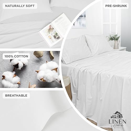 Linen Home Washed Cotton Percale Queen Sheet Set, White, Preshrunk, 4 Pieces Sets - 1 Flat, 1 Deep Pocket Fitted Sheet & 2 Envelope Closure Pillowcases, Soft, Cool and Comfortable Bed Linen - Image 5