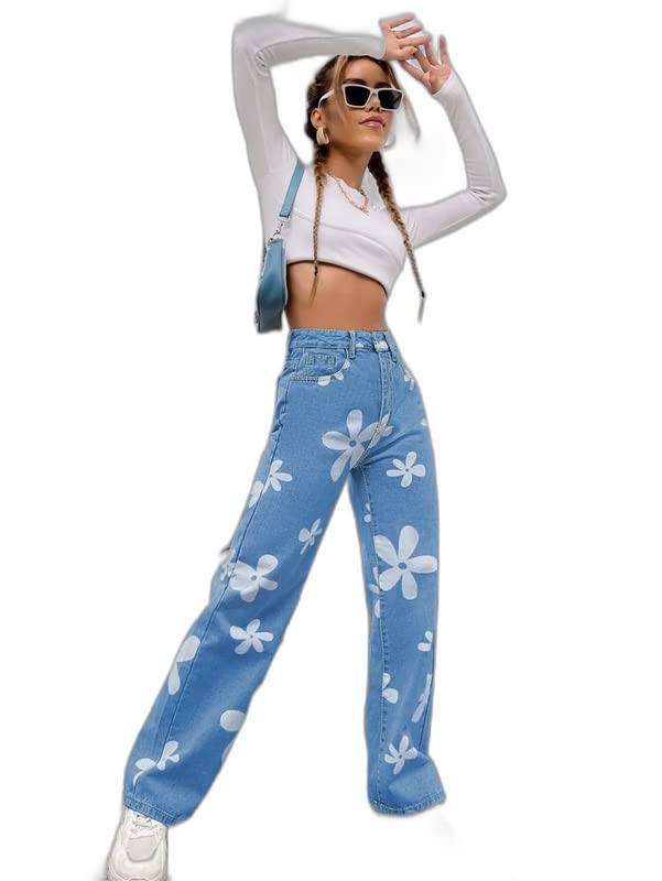high buy with device of hb Women's Wide Leg Jeans Flower Print Stretchy Denim Jeans-picture-13