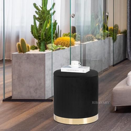 Image of Round Velvet Luxurious Storage Ottoman, Pouf with Storage Vanity Stool Chair,Upholstered Foot Rest Stool with Gold Strip Base for Living Room or Bedroom (Black, Medium- 36Dx36Wx40H)