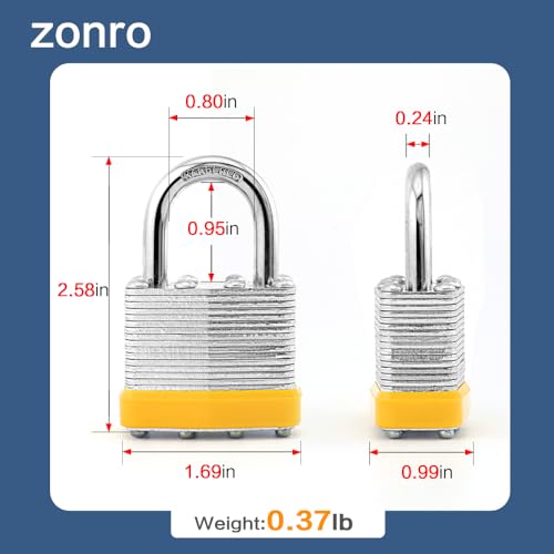 Image of ZonRo Locks Laminated Steel Keyed Padlocks,Keyed Alike Locks, 1-9 /16 inch Wide,Normal Shackle Padlocks, Pack of 6,Yellow Hoop, for Hasp Latch, Sheds, Fences, Storage Locker, School, Gym