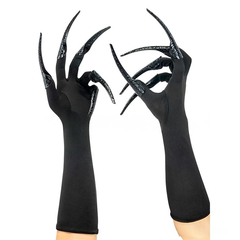 JIAHG Women's Long Horror Claw Gloves Black Ghost Gothic Witch Gloves with Scary Claw Halloween Costume Fancy Dress Handswear Performance Cosplay Accessory (Black Gloves with Detachable Nails) - Image 2