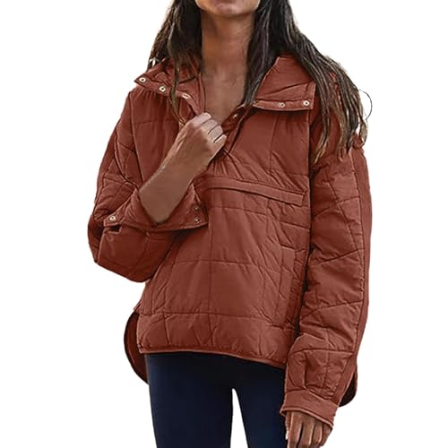 JiXiang Womens Puffer Jacket Oversized Quilted Lightweight Pullover Soft Comfy Winter Warm Coat Button Down Lapel Sweatshirts