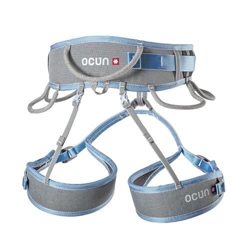 Ocun Twist Tech Eco Climbing Sport Harness, Lightweight Three Buckle Harness for Trad, Alpine & Rock Climbing, Grey/Blue, M-L