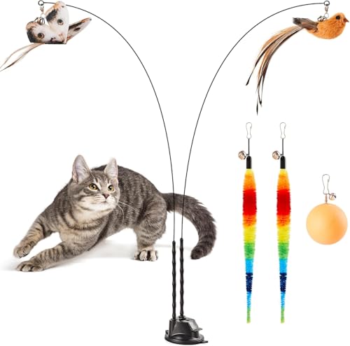 Potaroma Canne à Pêche pour Chat avec Ventouse, Double Baguette Interactive, 5 Accessoires Plumes et Balles, Base Anthracite, pour Chatons et Chats...