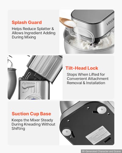 Image of VEVOR 7.4 Qt Tilt Head Stand Mixer 500W Electric Dough Mixer, 6 Speeds with Pulse Food Kitchen Mixer with Stainless Steel Bowl, Splash Guard, Dough Hook, Whisk, Beater, for Baking Mixing