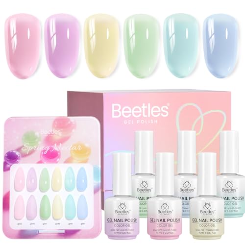 Image of Beetles Spring Nectar Jelly Gel Nail Polish Set - 6 Colors 15ML Full Size Pastel Gel Polish Kit Pink Purple Blue Mint Green Yellow Sheer Translucent Effect Soak Off UV Nail Art Manicure Gift for Women