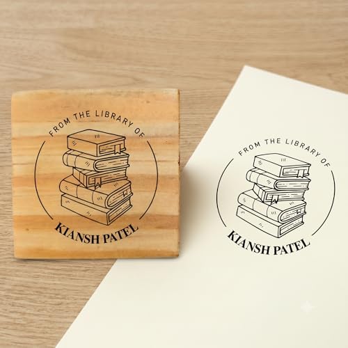 Image of Kunya Personalised Book Stamp with Your Name(3.5 cm Dia), customised for Stamping Books for Readers, Great Gift for booklovers, Kids, Teachers (Classic Library)