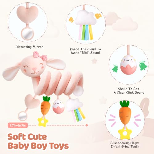 Image of Stuffed Pink Bunny Spiral Car Seat Toys for Baby Girls 0-6 Months, Infant Stroller Toy with Plush Carrot & Star Teether Hanging, Baby Registry Search & Shower Gifts for Newborn Girls